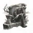 man sitting on a chair across a graveyard looking at a tombstone tattoo design idea