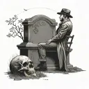 man sitting on a chair across a graveyard looking at a tombstone tattoo design idea