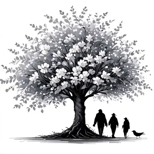 blossem tree with 2 robbin brids together with my nan and grandad walking together  tattoo design idea