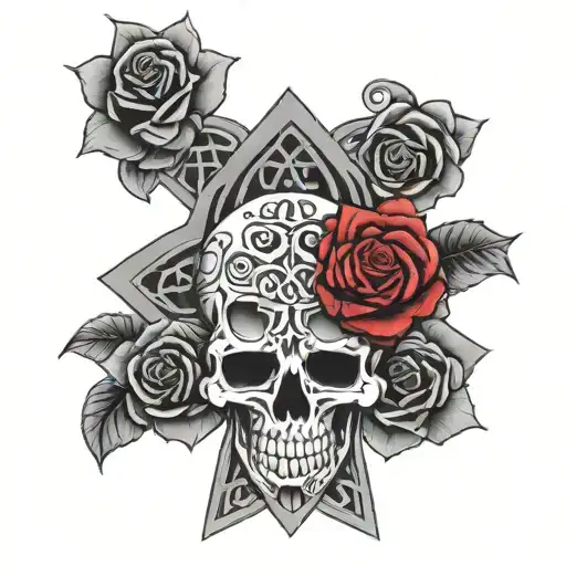 Celtic cross with a sugar skull above the crosses and 2 red roses behind it tattoo design idea