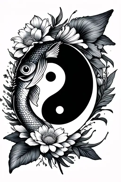 religious fish mixed with flower bouquet mixed with yin yang symbol in a line tattoo design idea