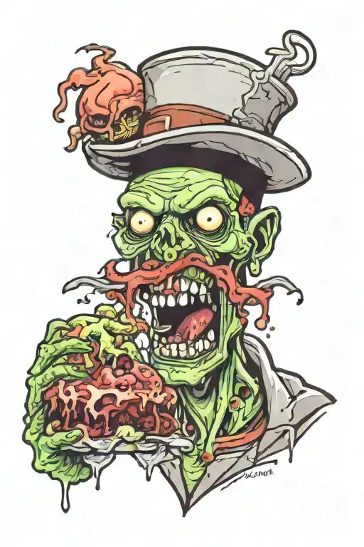 Zombie with hat eating brains tattoo design idea