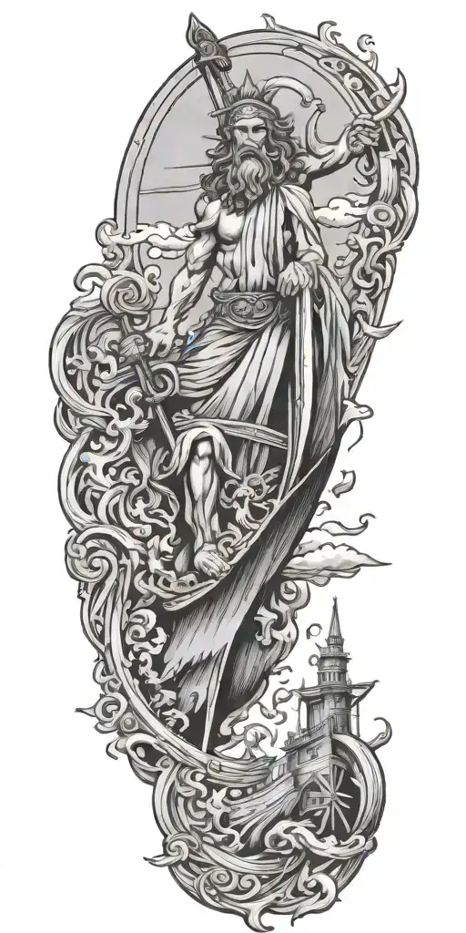 A tattoo design combining the Greek god Poseidon with a sailing ship, incorporating elements of carpentry tools to represent the client's occupation as a carpenter tattoo design idea