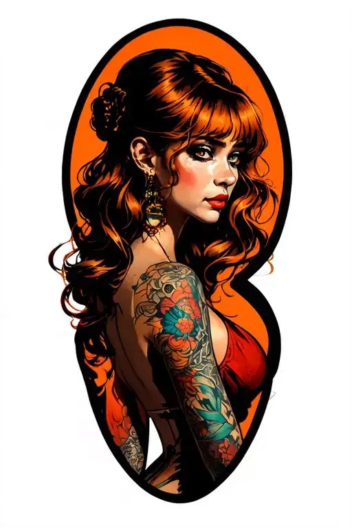 cyberpunk pin up girl, ginger tattoo design idea