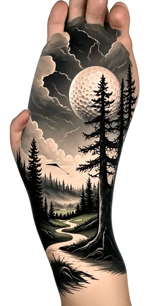 creepy forest scene with stormy sky golf course golf ball tattoo design idea