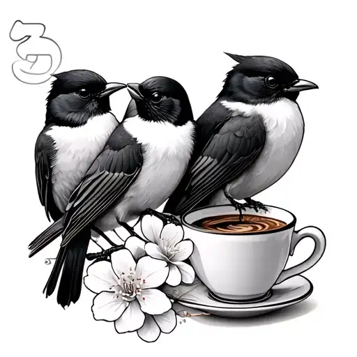 collarbone tattoo of 3 birds, cherry blossom flowers, coffee cup and korean letters tattoo design idea