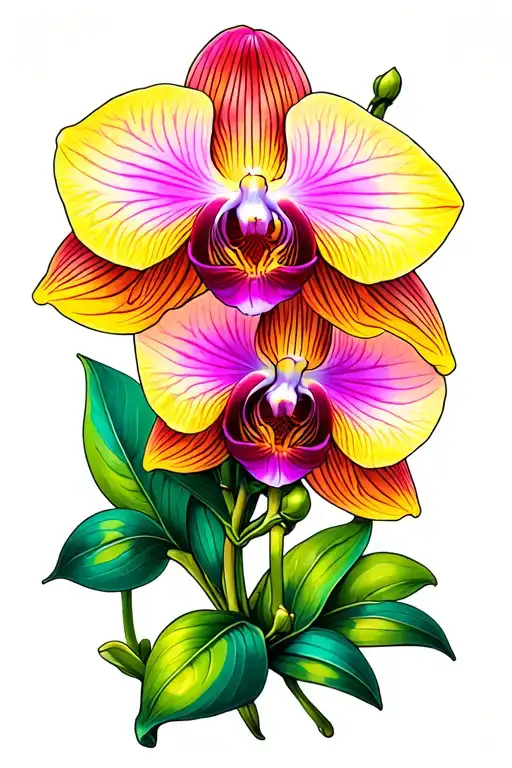 A traditional tattoo of a classic orchid design with bold lines and vibrant colors, reminiscent of vintage botanical illustrations tattoo design idea