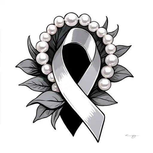 breast cancer awareness ribbon with pearl necklace tattoo design idea
