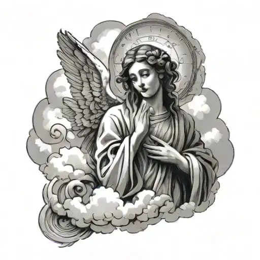 A smoke san maria emerging from the clouds above a angel image of San Maria praying angles around  tattoo design idea