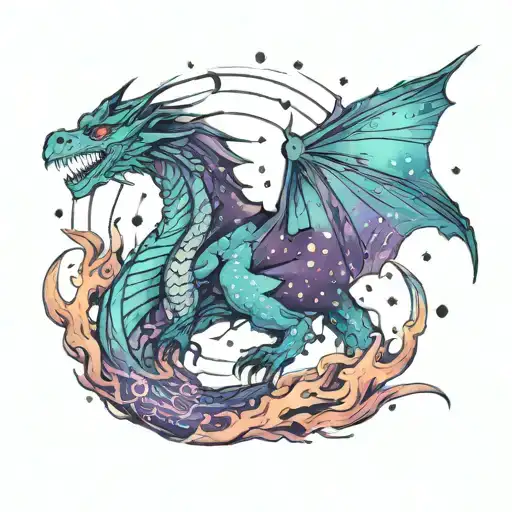 dark purple and teal dragon breathing fire with a galaxy background tattoo design idea