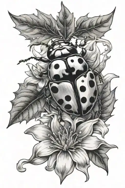 lady bug sitting on holly and narcissus flower blooming tattoo design idea