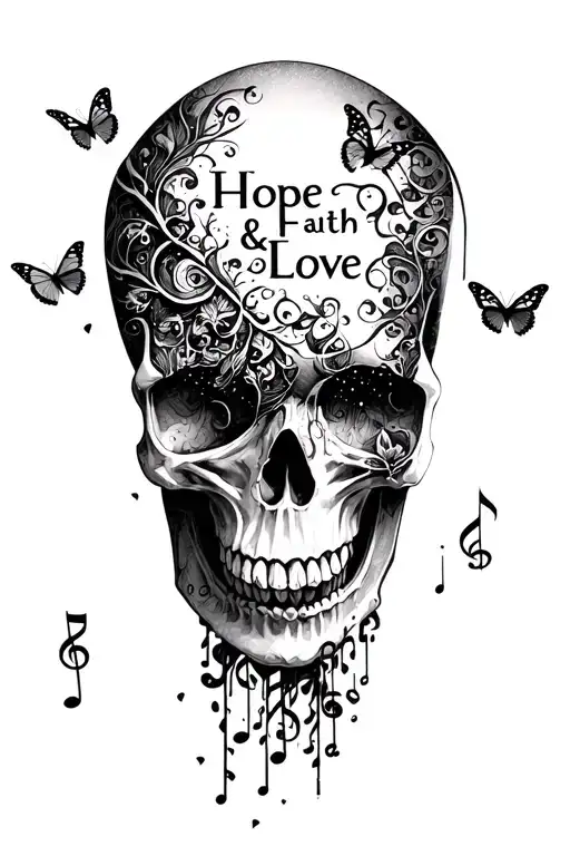 "Hope Faith & Love" skull music notes and butterflies fluttering tattoo design idea