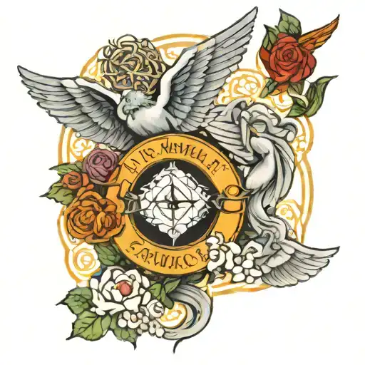 Quote "In nomine Patris, et Filii, et Spiritus Sancti, Amen" with the names of angels raphael michael, and gabriel  tattoo design idea