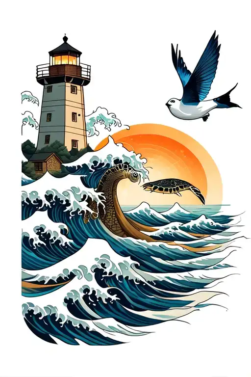 Japanese waves flowing, sea turtle, swallows, lighthouse tattoo design idea