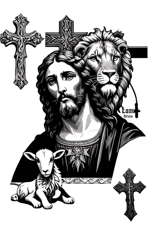 Jesus with lion and lamb 3 crosses tattoo design idea