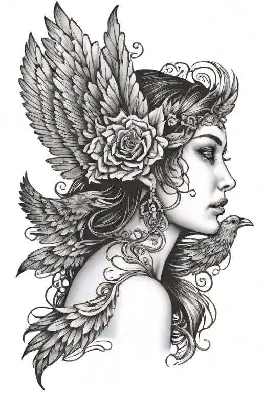 woman's face in a curled raven's wing tattoo design idea
