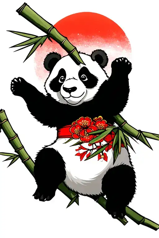 panda hanging from bamboo with a red sun above him tattoo design idea