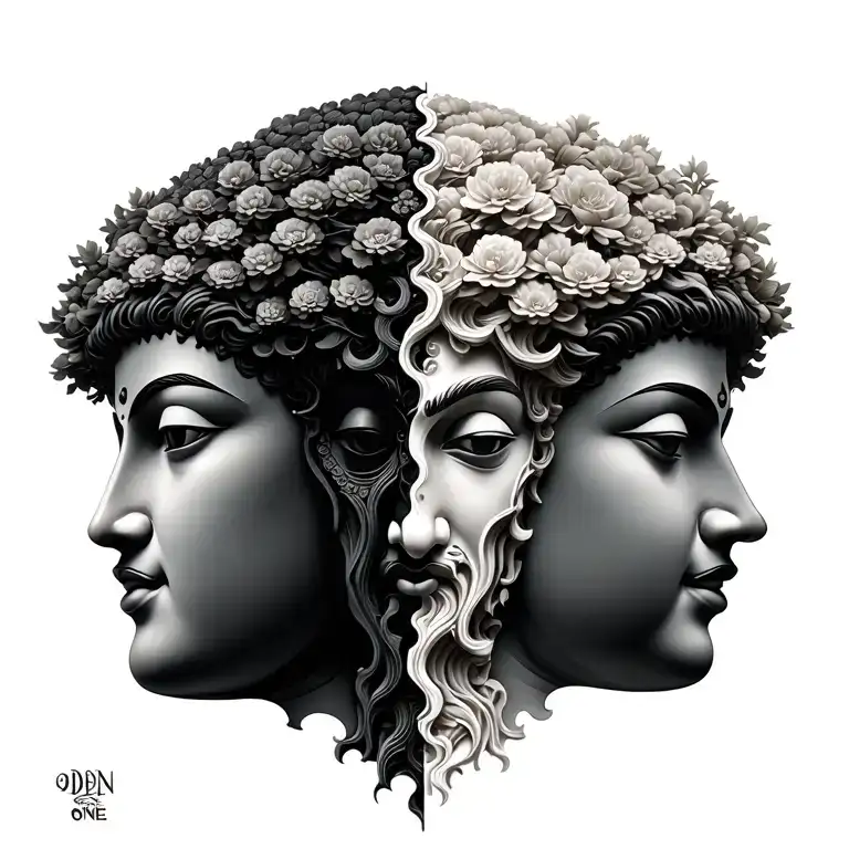 tree coving all back. half alive & half dead. the face of oden one side & face of buddha the other.  tattoo design idea