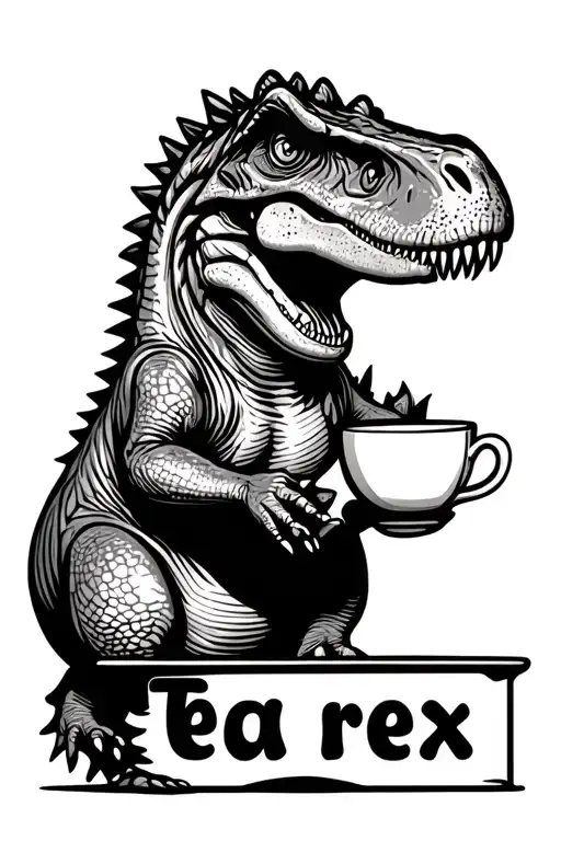 T rex holding teacup with the caption "Tea rex" make design look hand drawn like a cartoon with no shading  tattoo design idea