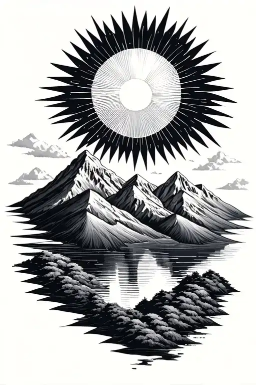 Sun and mountain in geometric shape fine line and dotwork style tattoo design idea
