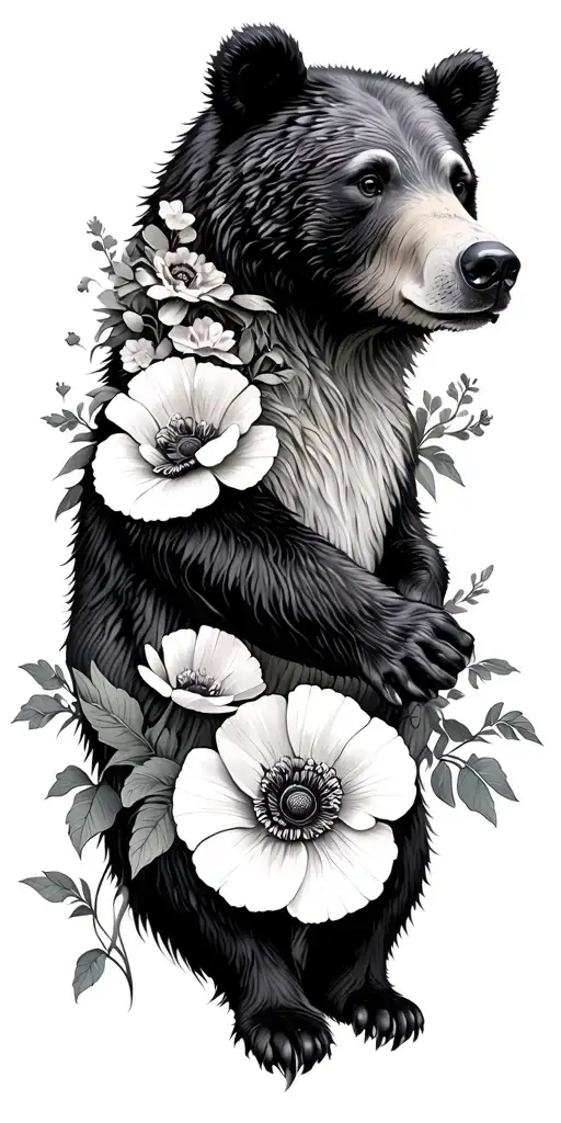 BEAR, POPPY FLOWERS AROUND tattoo design idea
