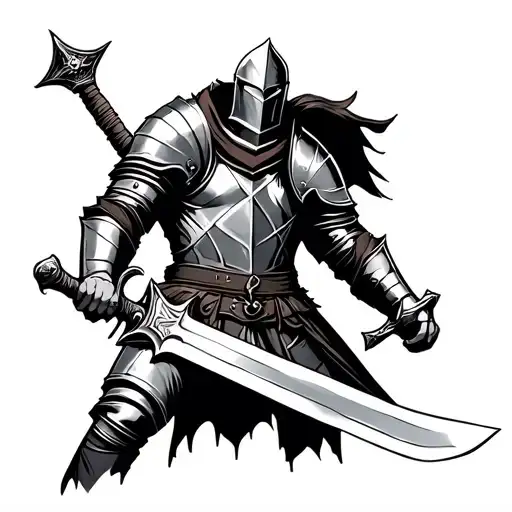 Generate tattoo that is styled to dark fantasy with tired knight holding a sword. The knight can be in different poses l tattoo design idea