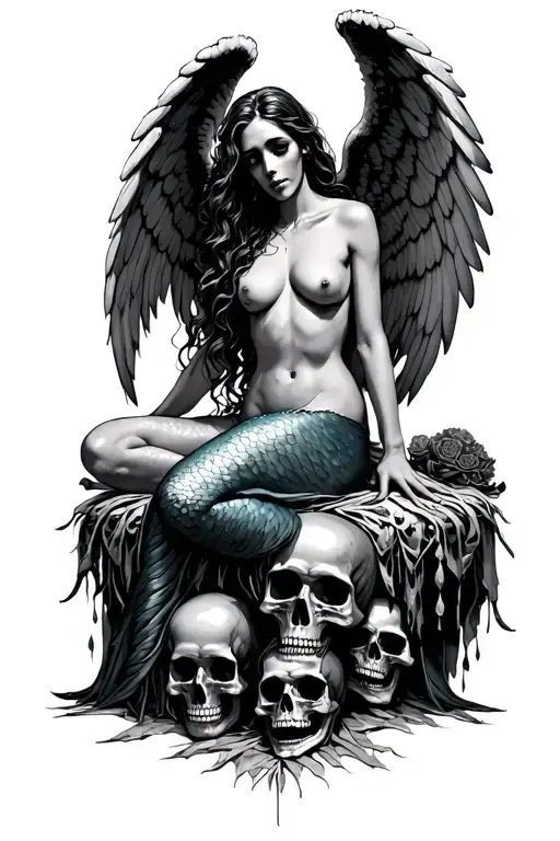 angel of death that looks like a mermaid topless sitting on a bed of skulls tattoo design idea