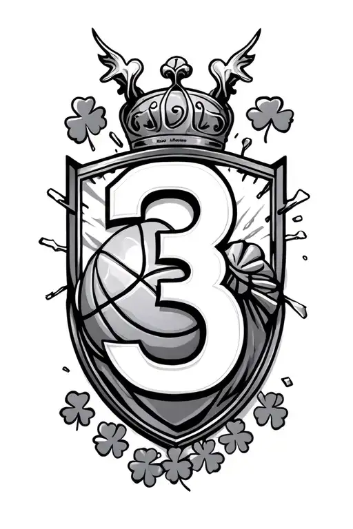 Crest shield, number 3, rocky statue outline, 4 leaf clovers, basketball, breaking glass tattoo design idea
