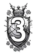 Crest shield, number 3, rocky statue outline, 4 leaf clovers, basketball, breaking glass tattoo design idea