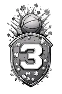 Crest shield, number 3, rocky statue outline, 4 leaf clovers, basketball, breaking glass tattoo design idea