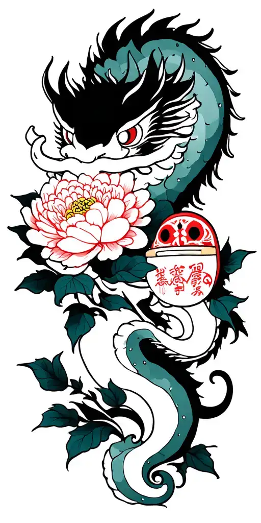 japanese dragon holding daruma in his hand and place the peony flower behinda dragon tattoo design idea