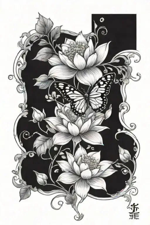 small lotus flower with butterfly and vines wrapped tattoo design idea