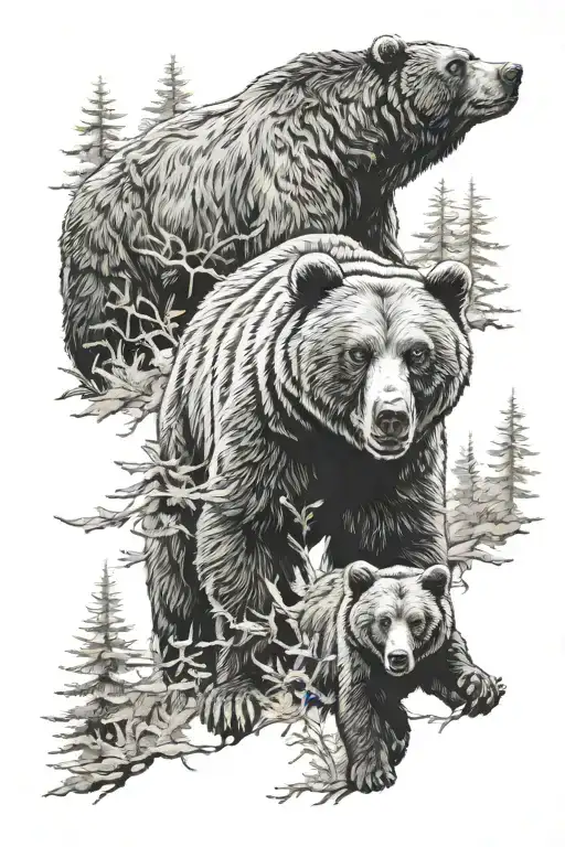 grizzly bear protecting cub in forest scene tattoo design idea