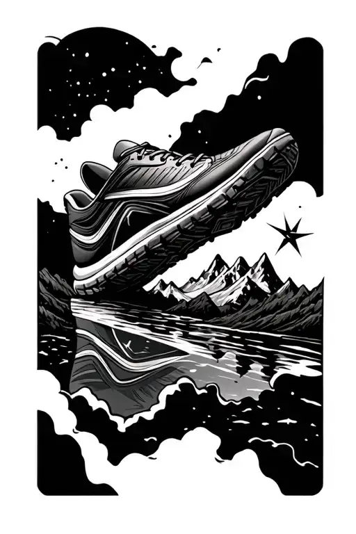 time and mountains and running shoe tattoo design idea