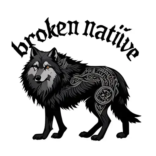 on the back tattoo that says "broken native" in folk like font. underneath I want a depiction of Romanian Dacian wolf  tattoo design idea