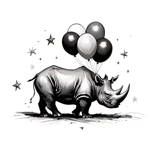 sketch of a rhino lifted with balloons surrounded by stars tattoo design idea