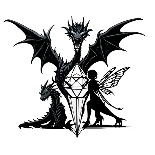 Dark dragon guarding a diamond met by a sweet fairy with tribal wings  tattoo design idea