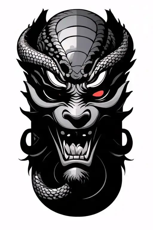 japanese oni mask, snake wrapped tattoo design idea