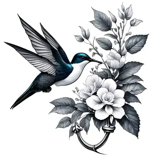 anchor, humming bird and hysrangea tattoo design idea
