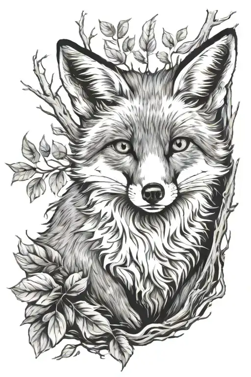a fox sitting underneath a tree branch tattoo design idea