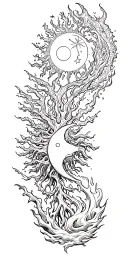 sun and moon,aquarius star, tree and fire tattoo design idea