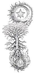 sun and moon,aquarius star, tree and fire tattoo design idea
