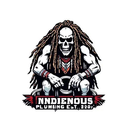 "INDIGENOUS PLUMBING EST.2020" skull dreadlock Native American warrior fixing a toilet tattoo design idea