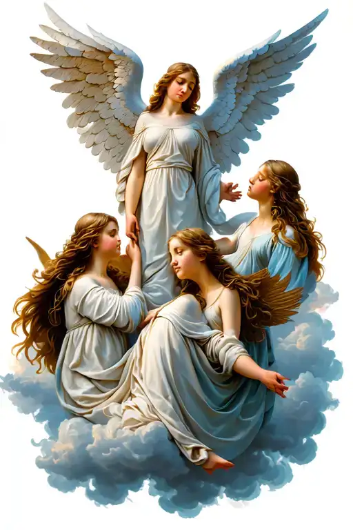 3 angels, sleeve, clouds, biblic tattoo design idea