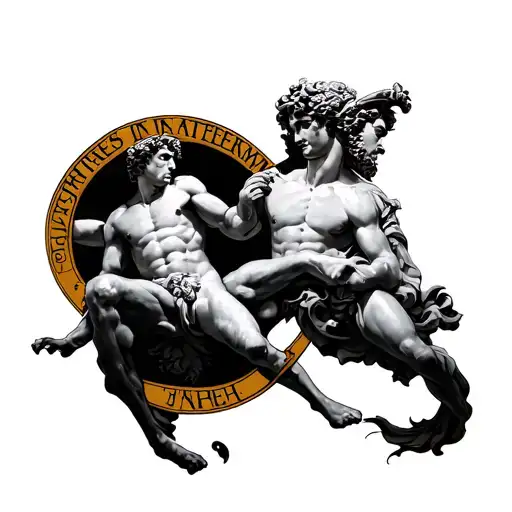 Castor and Pollux with text "Fratres In Aeternem" tattoo design idea