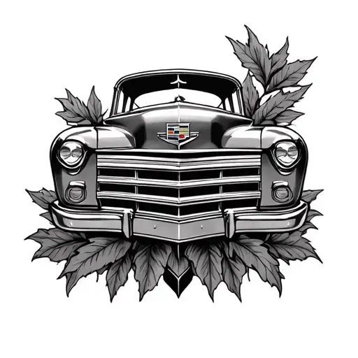 old Cadillac emblem wit Cesar leaves under it tattoo design idea