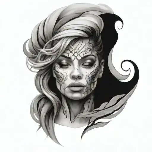 A portrait of a strong and confident woman surrounded by swirling smoke patterns tattoo design idea