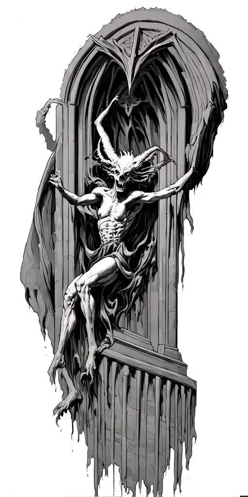 demons trapped in a cathedral realism tattoo design idea