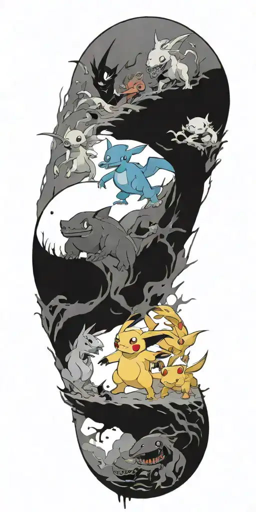 pokemon battling in the form of heaven and hell horror style incude space tattoo design idea