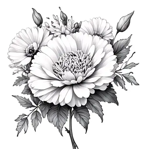 glory flower, carnation flower, aster flower, snowdrop flower, with leaves and stem wrap around tattoo  tattoo design idea